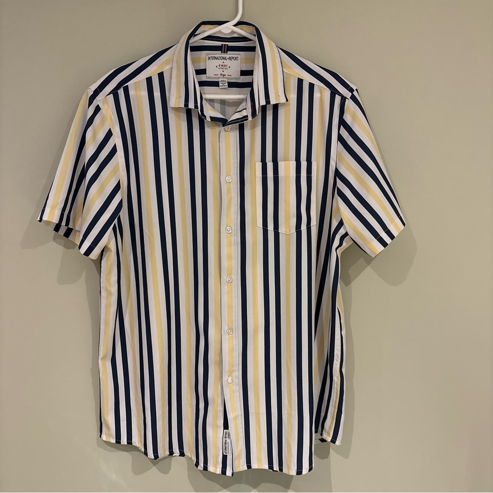 Short Sleeve Vertical Stripe Button-Down Shirt - White/Navy/Yellow